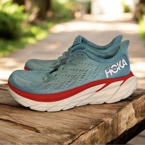 Hoka One One Clifton 8 Women’s Size 8.5 Aqua Red Running Shoes Lightweight